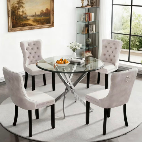 Luxury Velvet Dining Set – Round Glass Table (5 Piece)