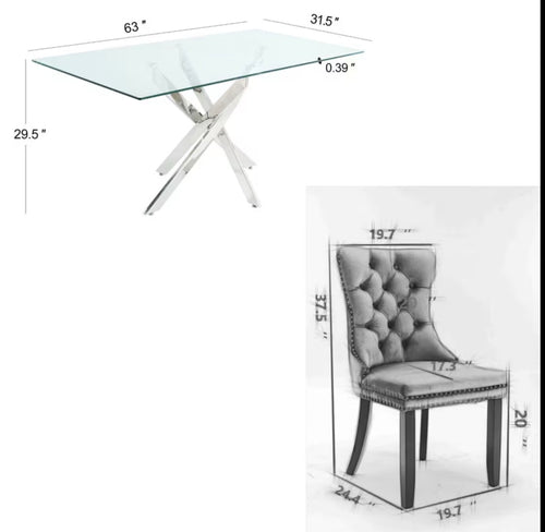 Luxury Velvet Dining Set – 5 Piece Rectangular Glass Table