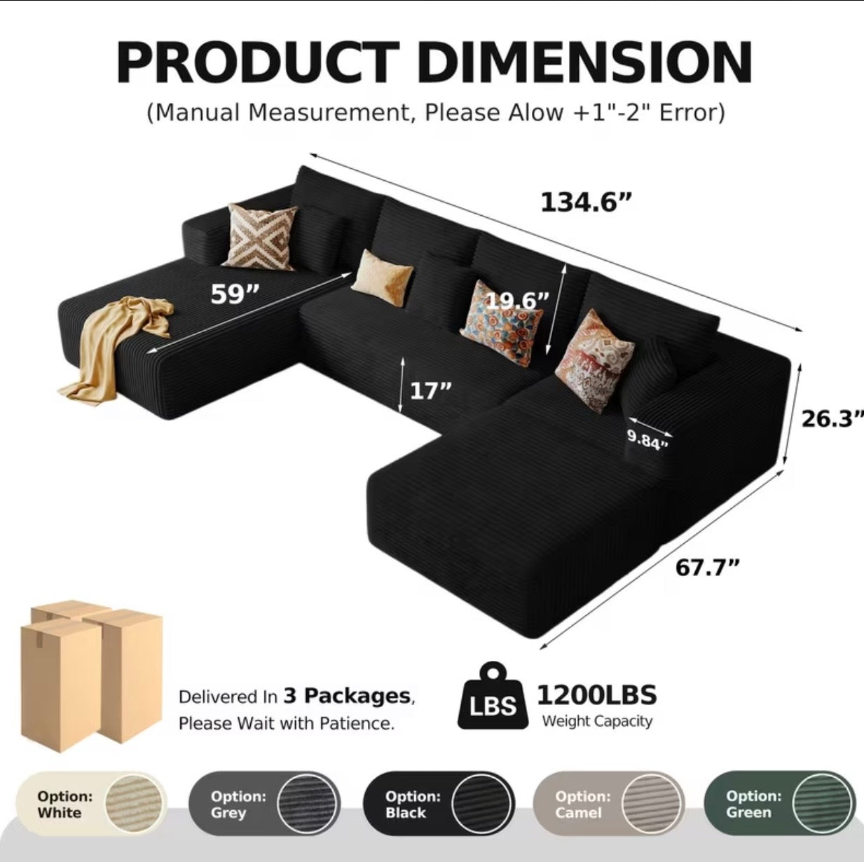 Cloud Comfort Sectional Couch – 134.6” Deep Lounge Sofa